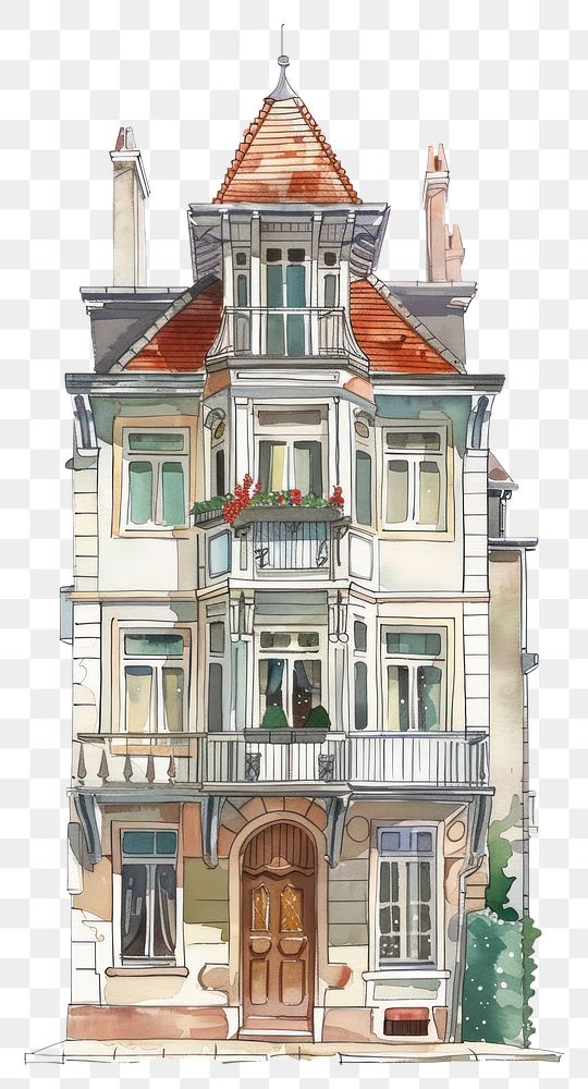 PNG Vintage town house architecture illustration watercolor.