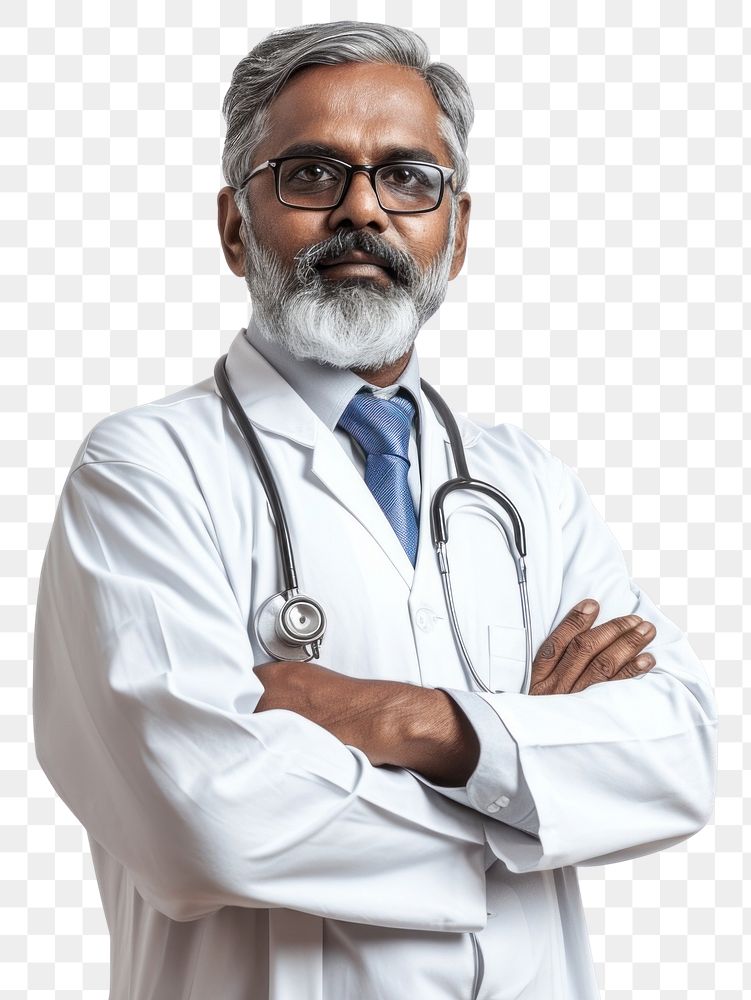 PNG  Middle age male indian doctor adult white background stethoscope.