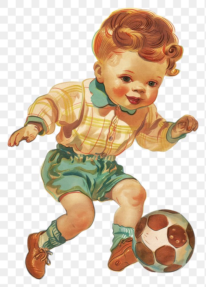 PNG Vintage child playing soccer illustration