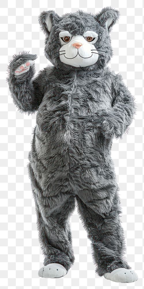 Grey cat mascot costume toy white background representation.