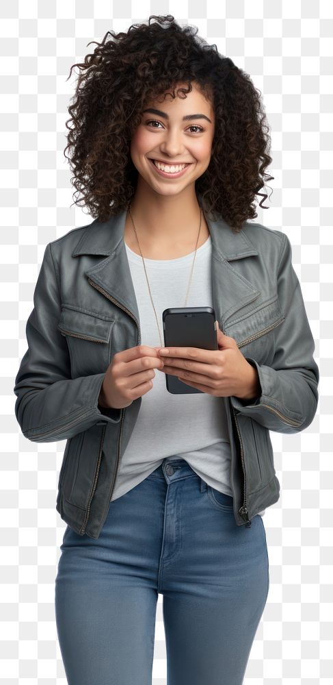 Woman holding phone portrait clothing jacket. 