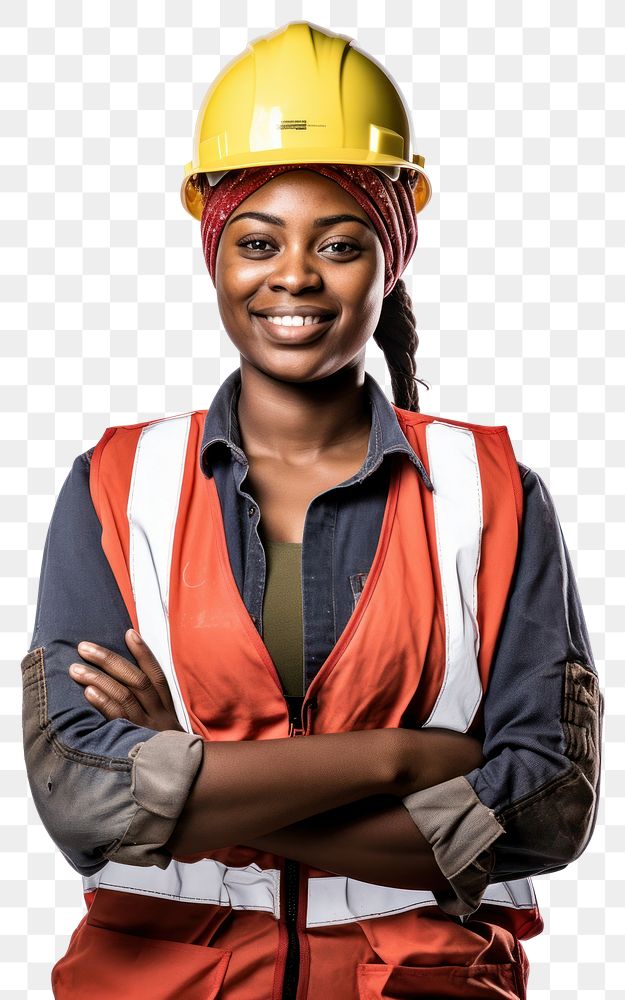 Black female carpenter portrait hardhat helmet. 