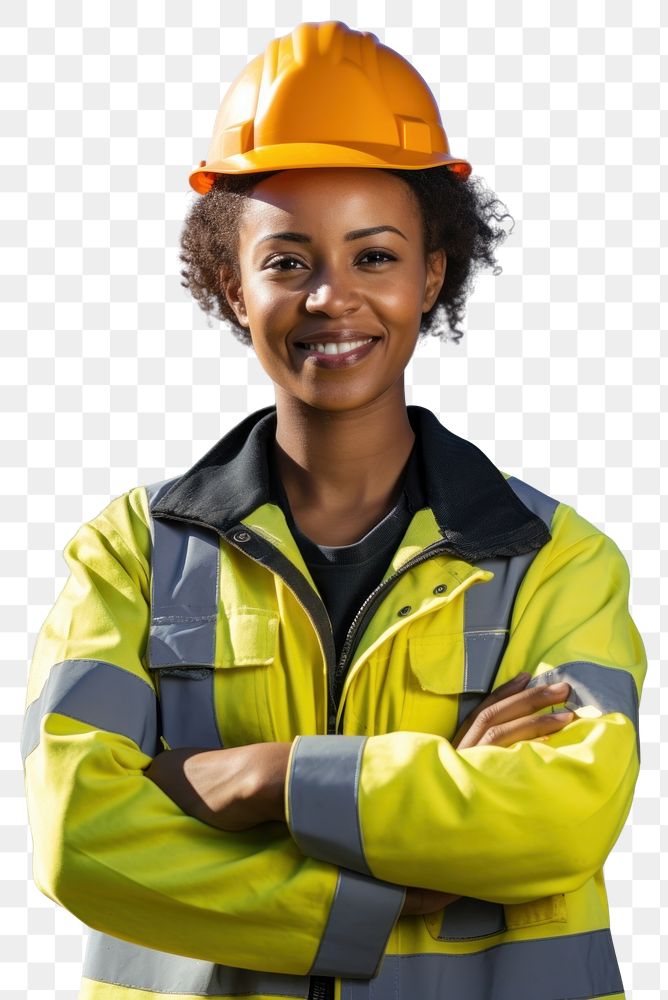 Dark skinned female construction worker portrait uniform hardhat. 