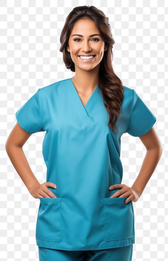 Greek female doctor portrait scrubs nurse. 