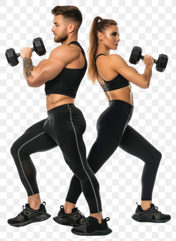 Man and woman in fitness outfit exercising dumbbell sports.