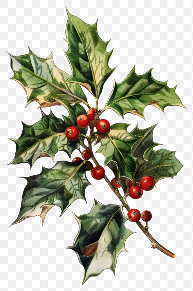 PNG  Festive holly leaves berries illustration