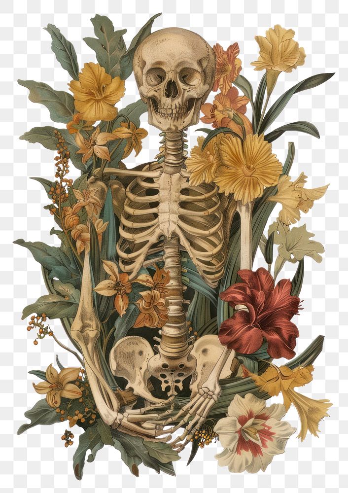 PNG  Skeleton floral botanical vintage art