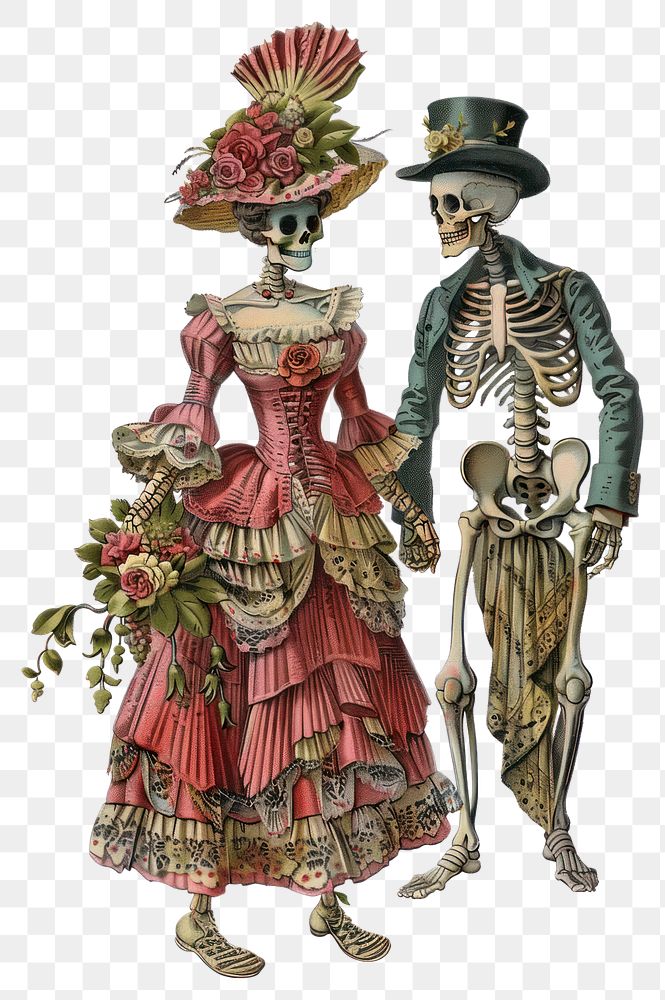 PNG  Victorian skeleton couple illustration