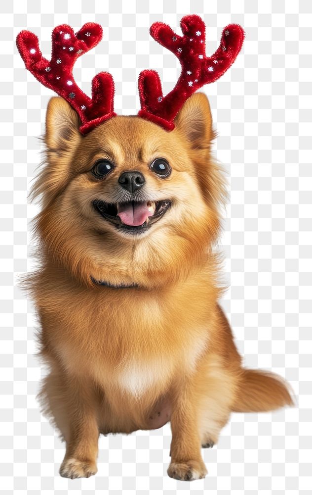 PNG Pomeranian dog wearing a red deer antlers headband on head christmas costume cute.