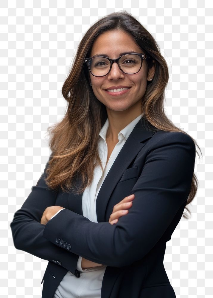 A smiling latin businesswoman glasses face accessories.