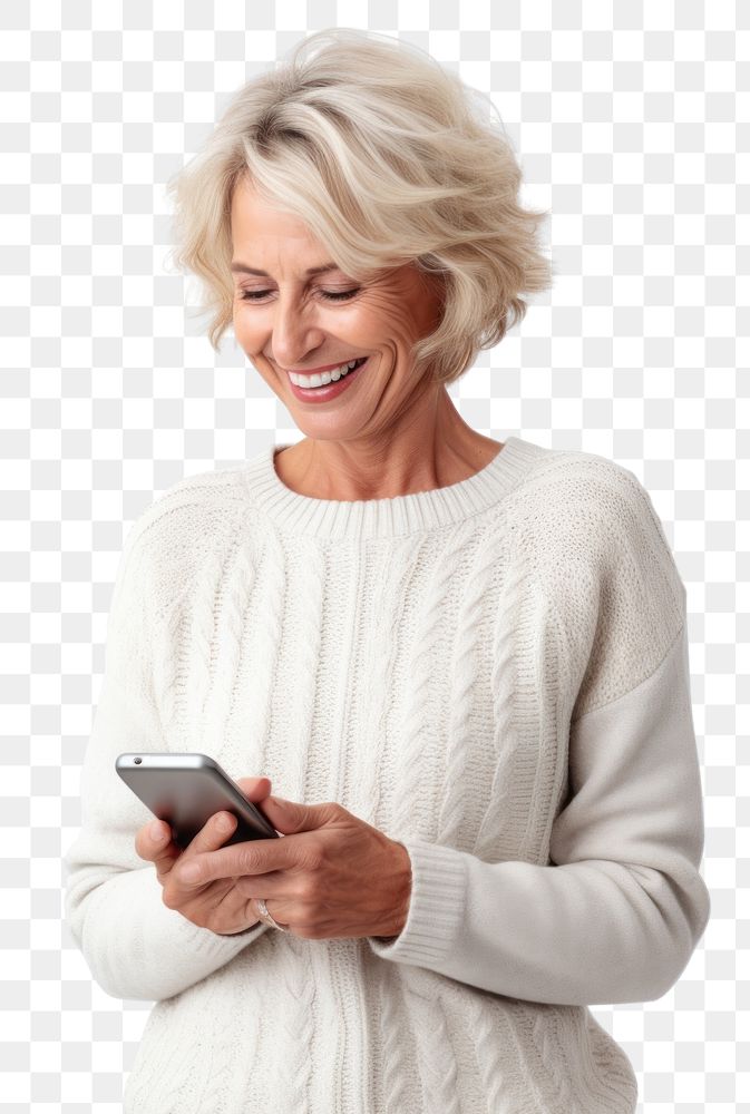 PNG Senior woman using smartphone happily