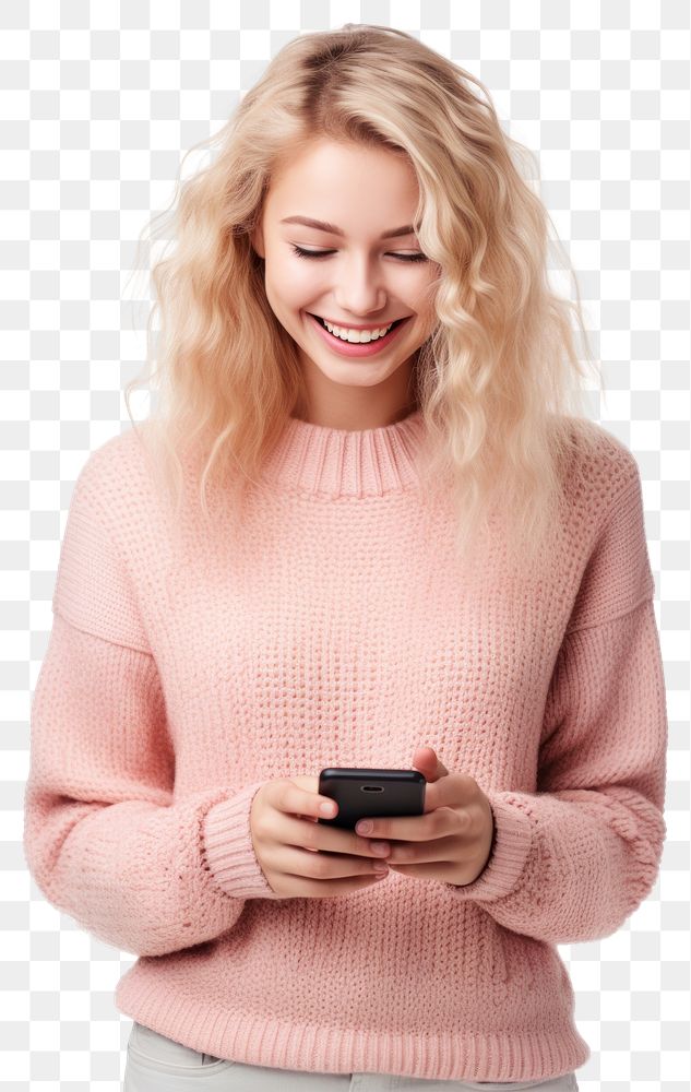 Smiling woman using smartphone