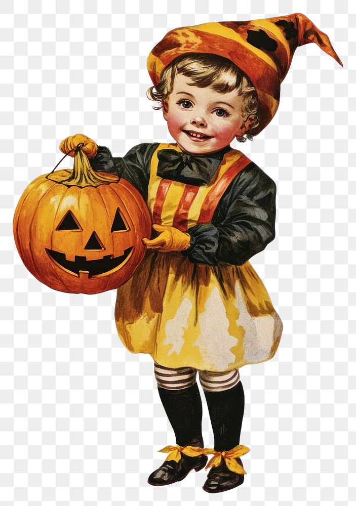 PNG Halloween kid wearing circus costume carry pumpkin halloween vintage art.