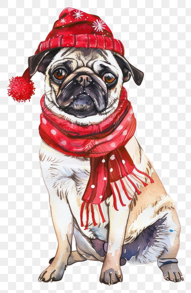 PNG A pug dog sitting wearing red winter hat and red scarf illustration festive cute.