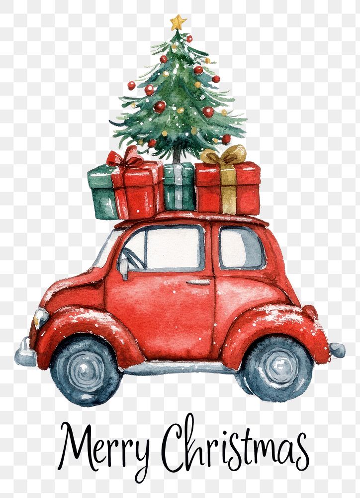 PNG A cute red Christmas car with gifts and a tree on top of it christmas watercolor painting.