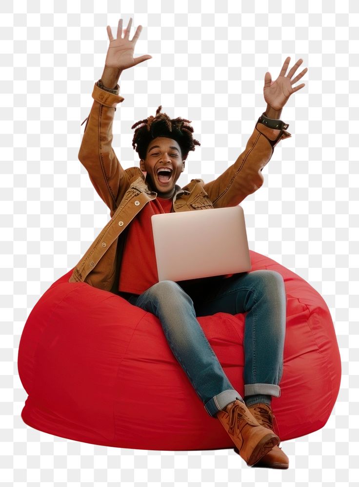 PNG Teen sitting on bean bag background person laptop.