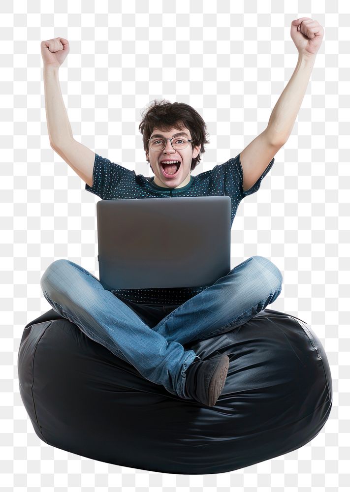 PNG Teen sitting on bean bag holding a laptop happy man accessories.