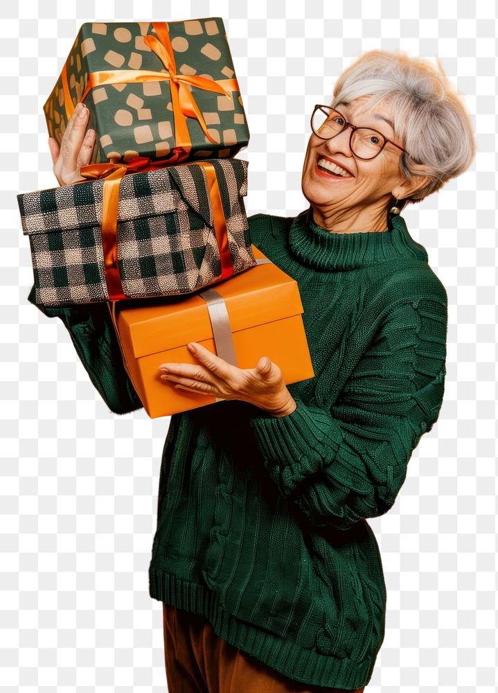 Lady holding a gift boxes letterbox clothing knitwear.