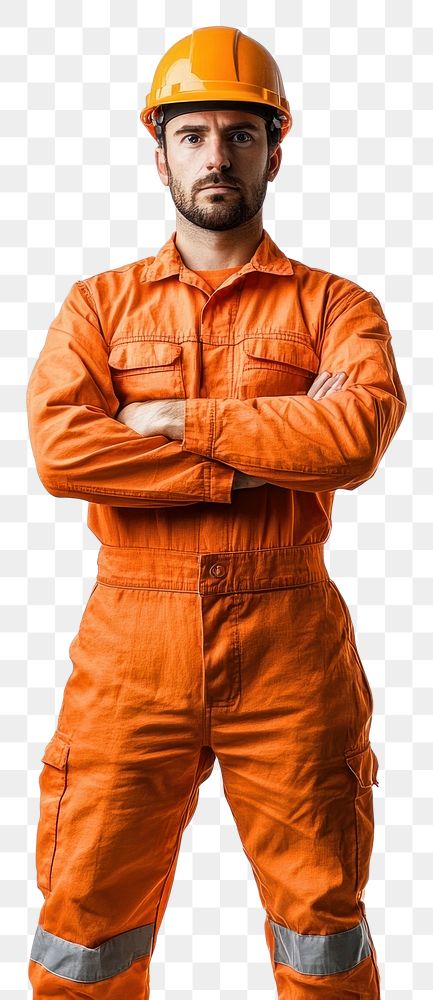 PNG Industrial worker in an orange uniform and helmet standing male construction.