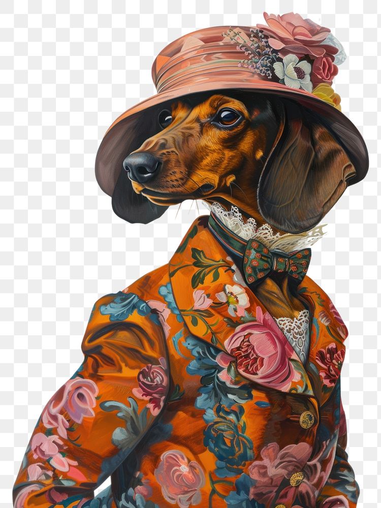 PNG Dachshund costumes wearing vintage lady fashion outfit surrealism portrait animal painting.