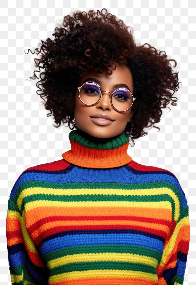 Wearing colorful sweater glasses adult woman. 