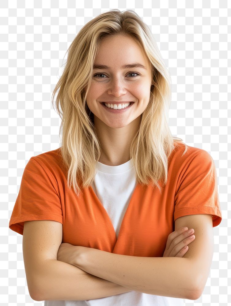 PNG A blonde woman smile and cross the arms over the chess wearing orange shirt over white t-shirt portrait photo…