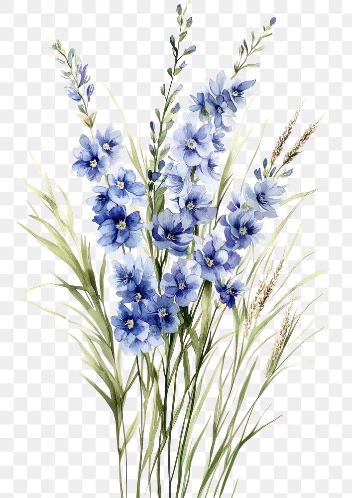 PNG  Small bouquet of Delphiniums in grass art illustration watercolor.