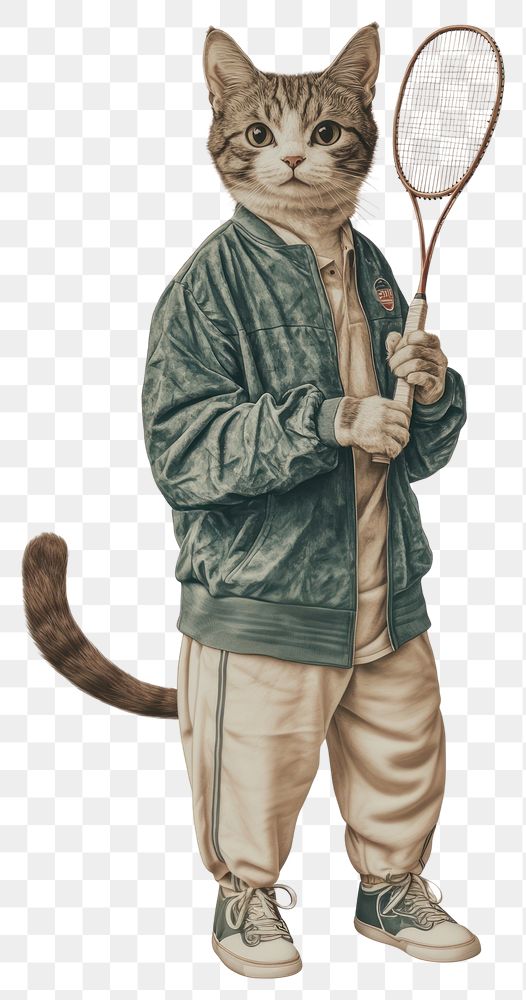 PNG A cat costumes wearing badminton sports drawing racket tennis.