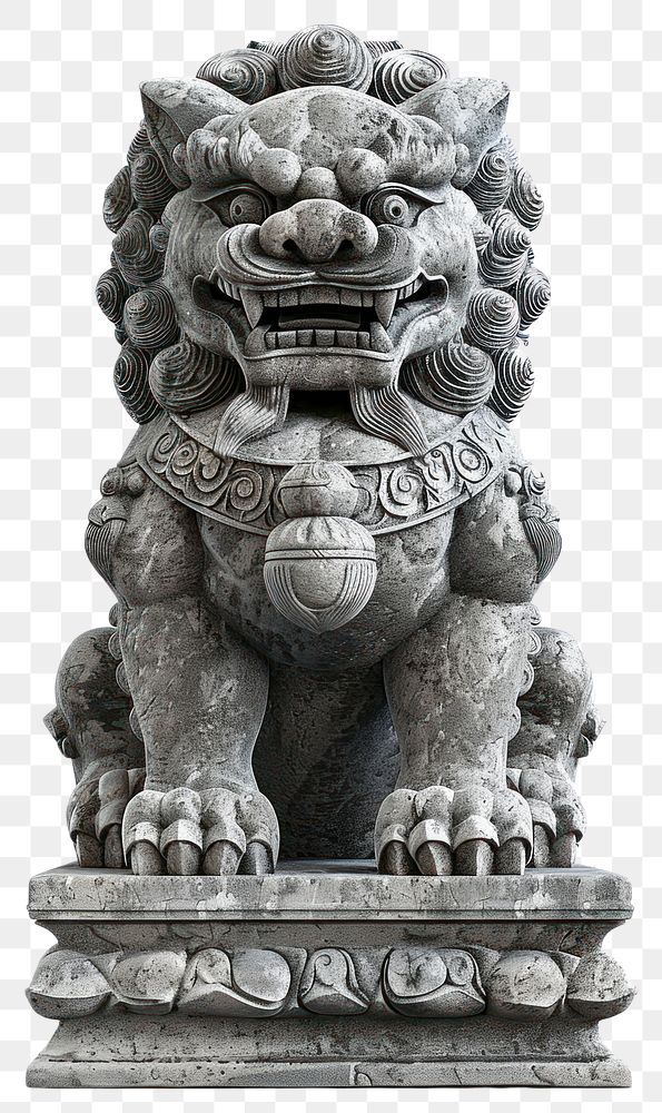 PNG Stone chinese guardian lion statue sculpture ornament.