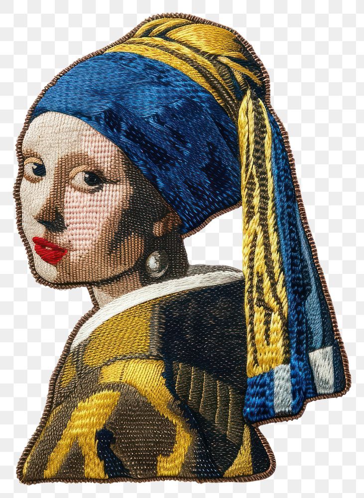 PNG Embroidery patch is shown with girl with a pearl earring art painting portrait.