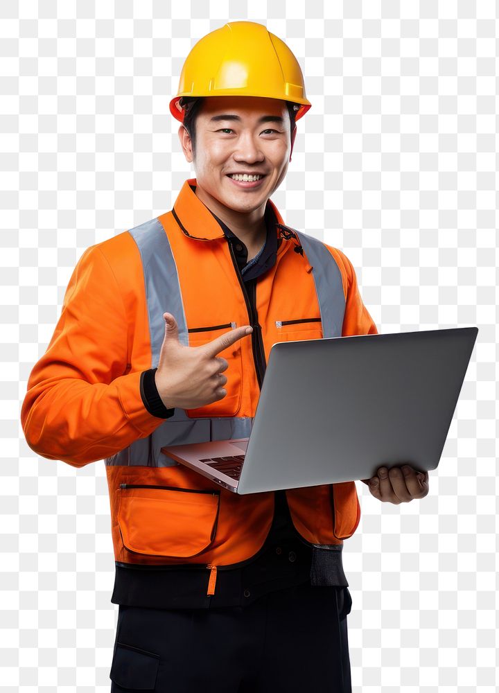 A Japanese civil engineer wearing safety gear laptop computer holding. 