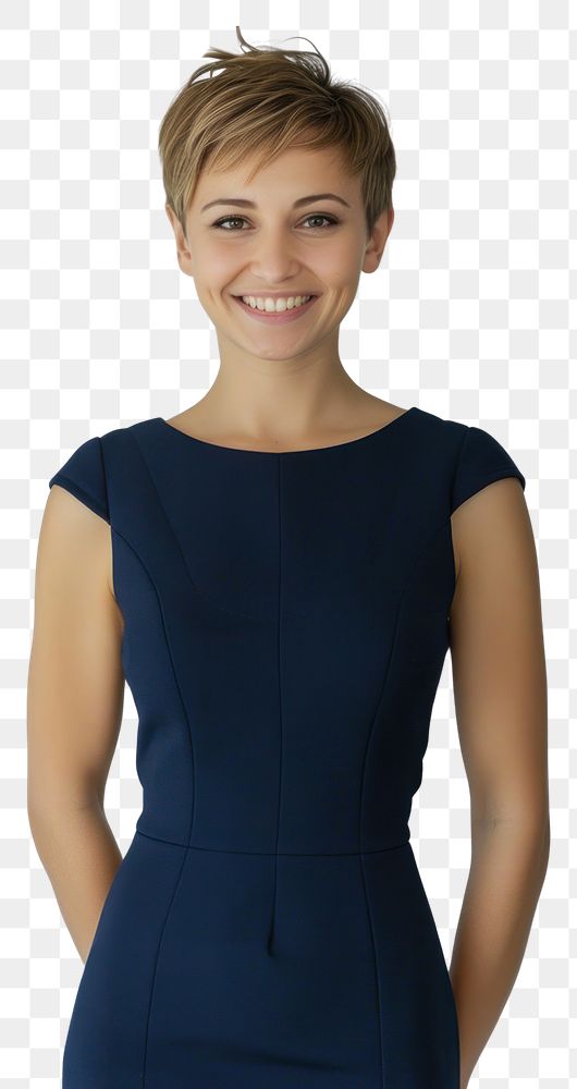 Smiling woman in blue dress