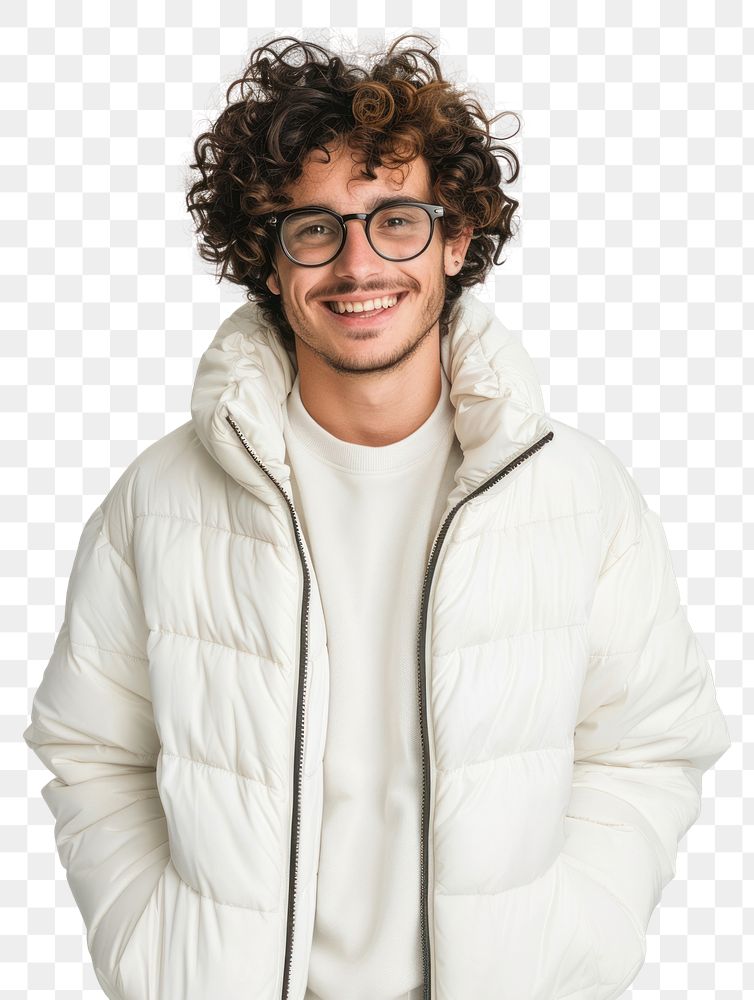 A happy young man with curly hair and glasses wearing a white puffer jacket photography smile accessories.