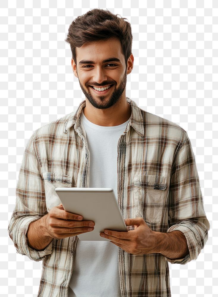 PNG Smiling man holding tablet