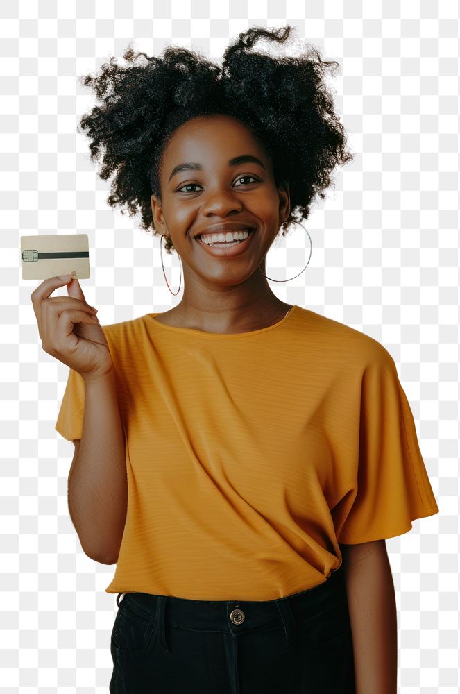 PNG Smiling woman holding credit card