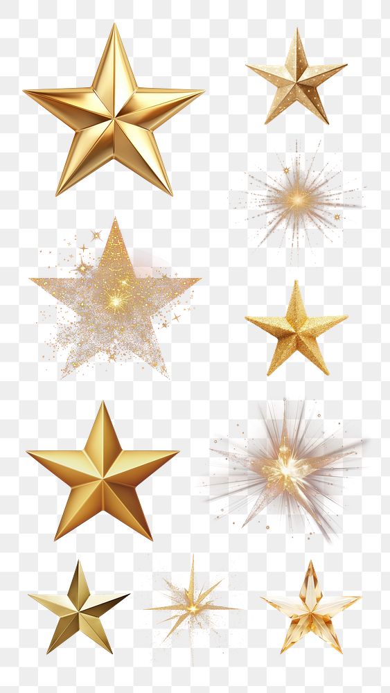 PNG sparkling golden star design element set, transparent background