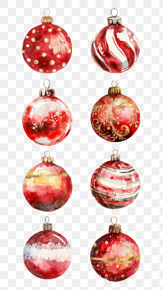 PNG festive red Christmas bauble element set, transparent background