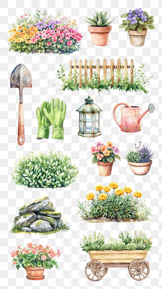 PNG watercolor countryside garden  element set, transparent background