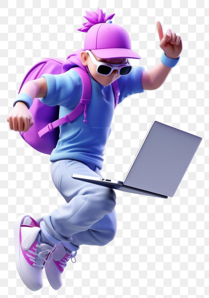 PNG A cute 3d cartoon man with white computer head footwear jumping laptop.