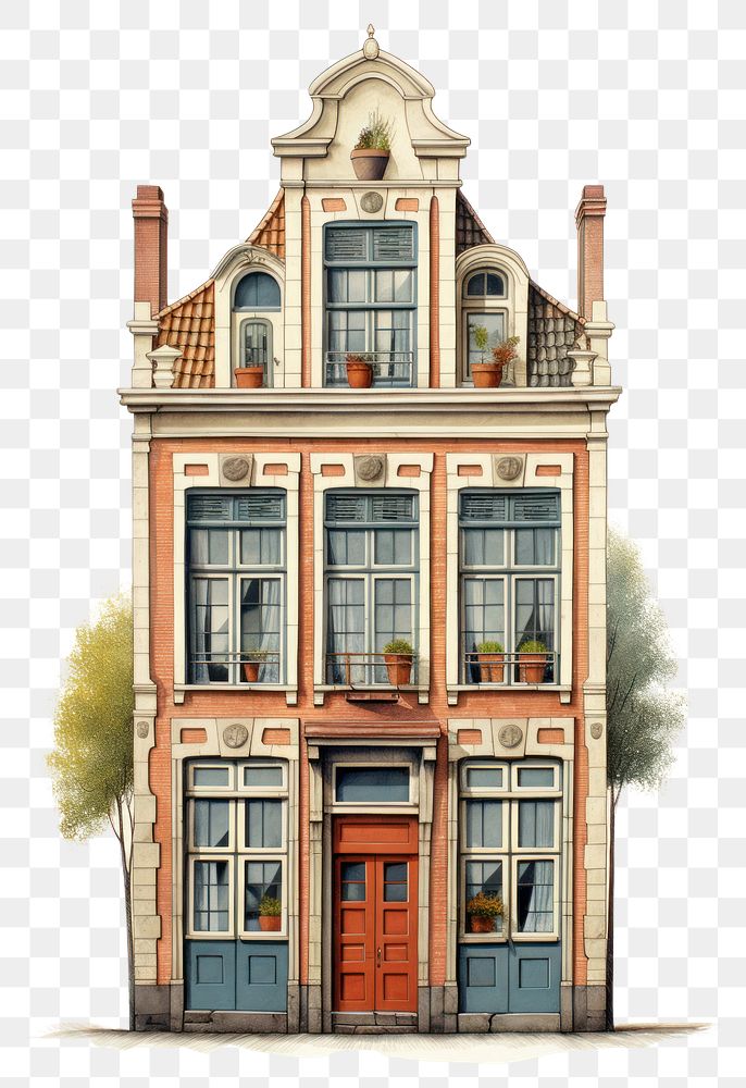 PNG Architecture illustration of a dutch tall rowhouse building window city.