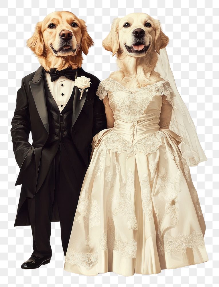 PNG Two Golden Retriever dogs costumes wearing vintage elegant bride and groom dresses illustration wedding animal.