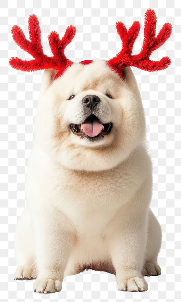 PNG White chow chow dog dog wearing a red deer antlers headband on head christmas cute pet.