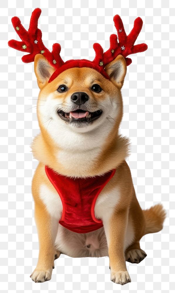 PNG Shiba inu wearing a red deer antlers headband on head dog costume cute.