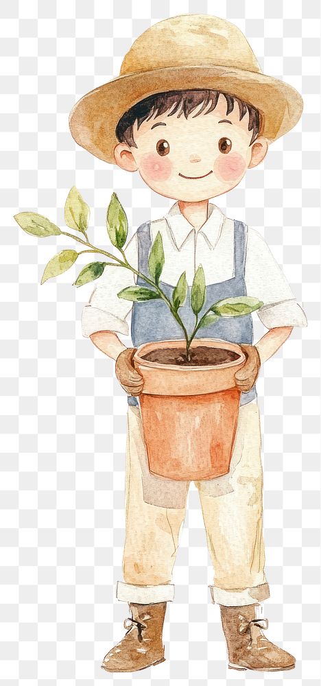 PNG Boy gardener plant illustration watercolor.