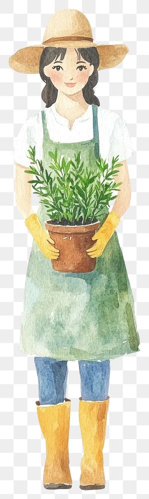 PNG Woman gardener plant illustration watercolor.