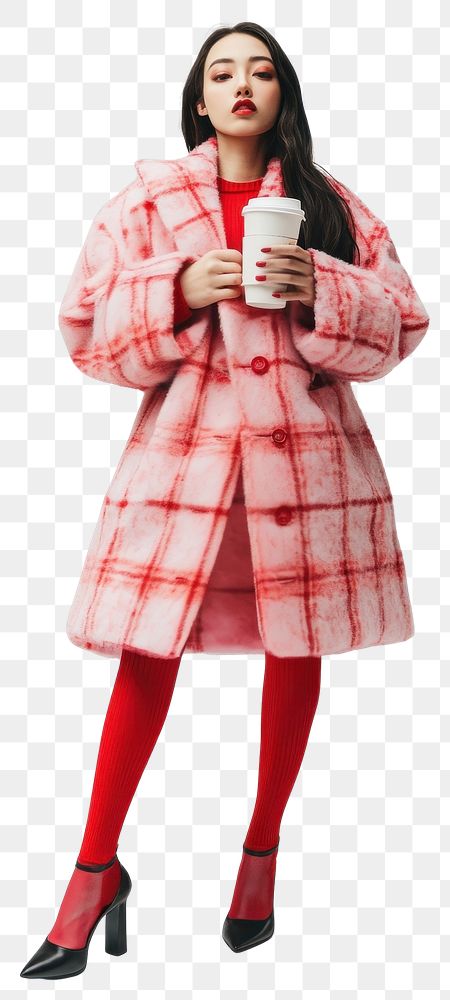 PNG An asian woman wearing an oversized pink checked coat with red tights and black heels cup background fashion.