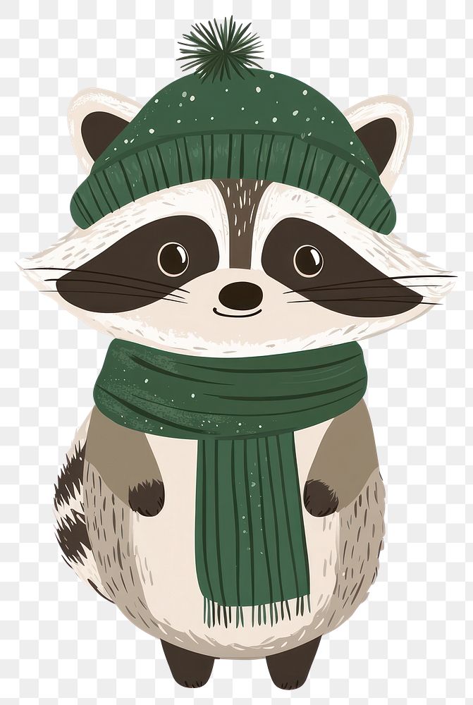 PNG Cute raccoon wearing winter outfit illustration animal green.