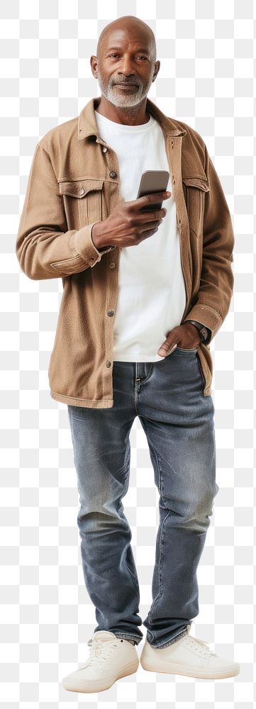 PNG Man holding mobile phone background standing jacket.