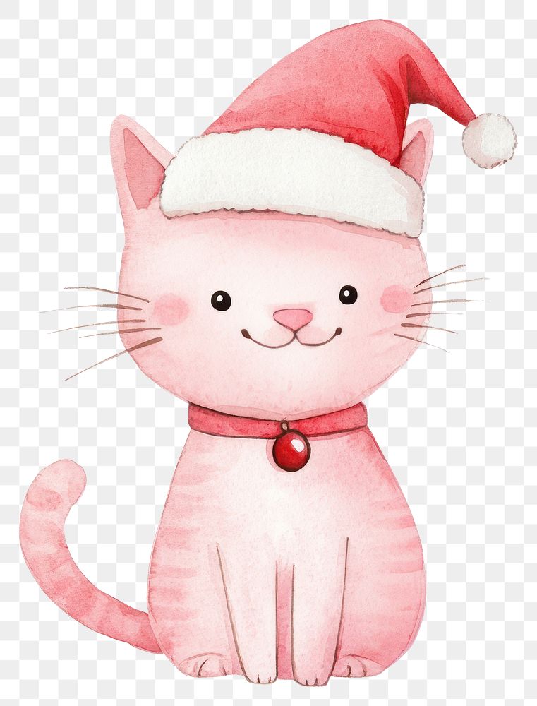 PNG Pink cat with santa hat illustration watercolor christmas.