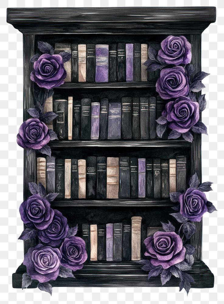 PNG Bookshelf around the purple and black roses bookshelf illustration art.